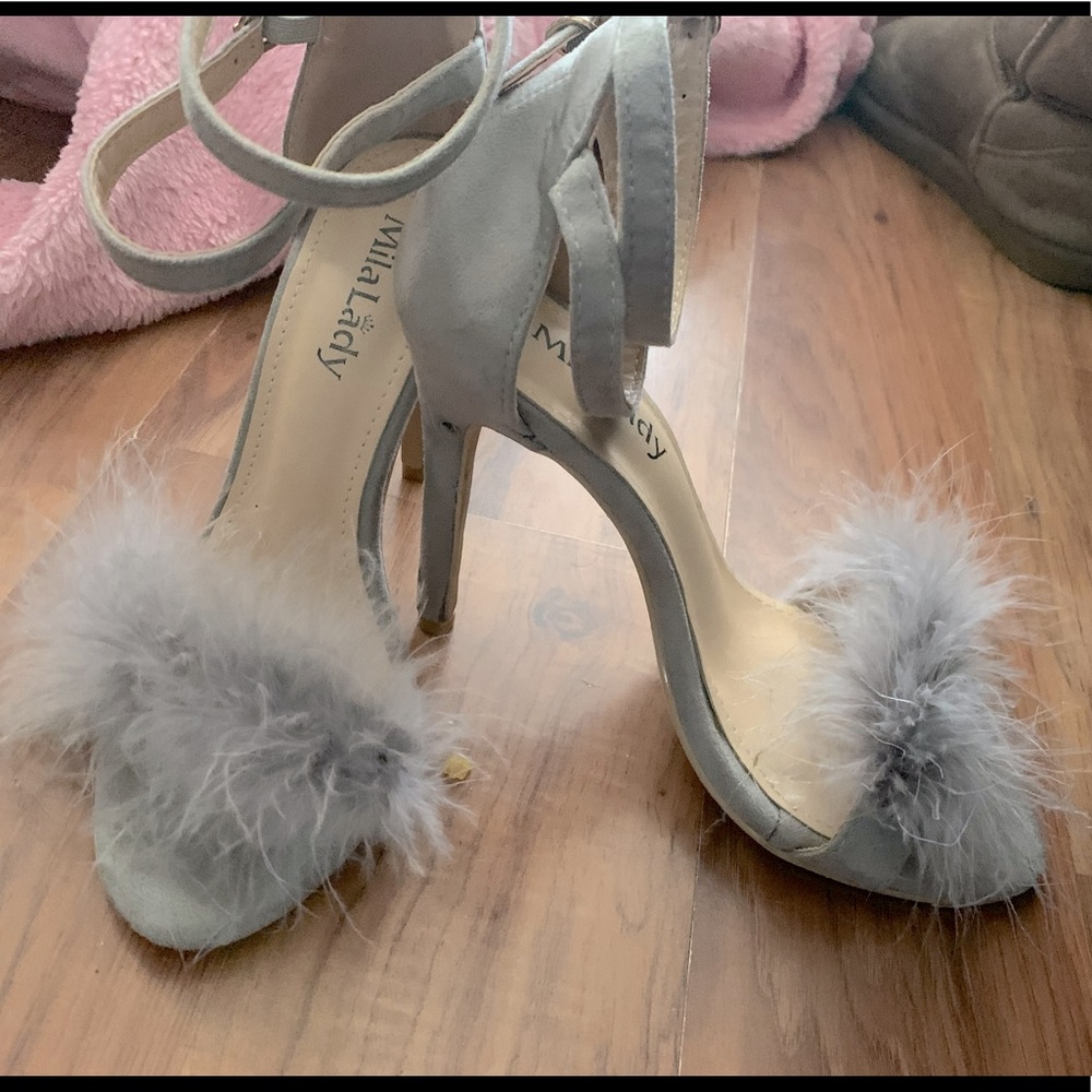 Sexy, Light Gray sue are Feather detailed, Strappy, High Heel Sandal